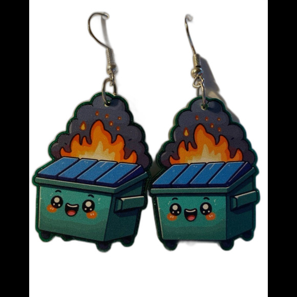 Earrings Dumpster Fire Acrylic Dangle Lightweight Whimsical Funny Humorous - Picture 1 of 5